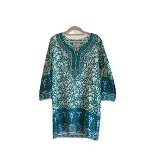 Bella Tu Blue Green Floral Print Tunic Dress 3/4 Sleeve Cotton Sz XS